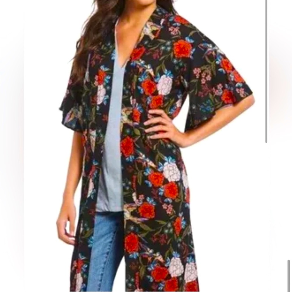 GIBSON LATIMER Black Floral Bird Print Kimono Duster Cardigan Cover Up Womens S